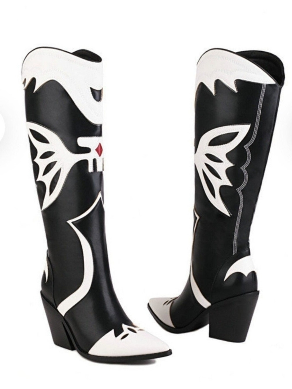 Women’s Black and White Western-Inspired Knee-High Boots